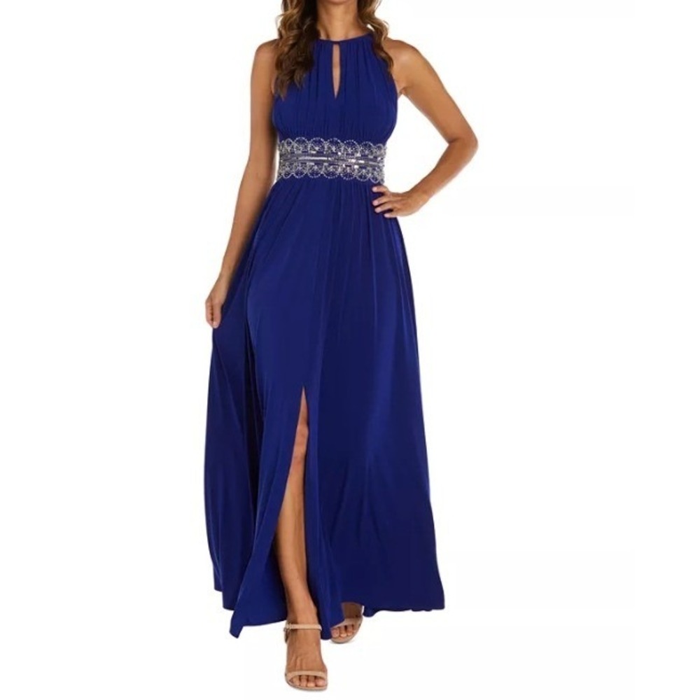 R&M Richards Royal Blue Beaded Halter Maxi Gown Dress Size 6